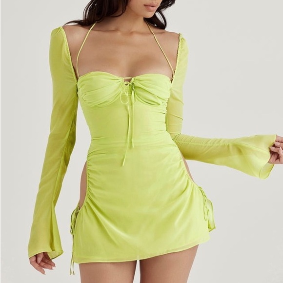 NWT House of CB Baby Lime Green Chiffon Cutout Halter Long Sleeve Mini Dress - Picture 1 of 11